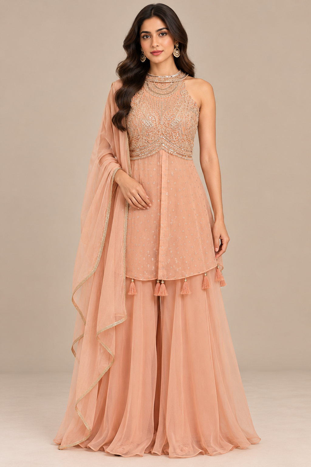 Peach Tissue Embroidered Sleeveless Kurta Set with Palazzo & Dupatta